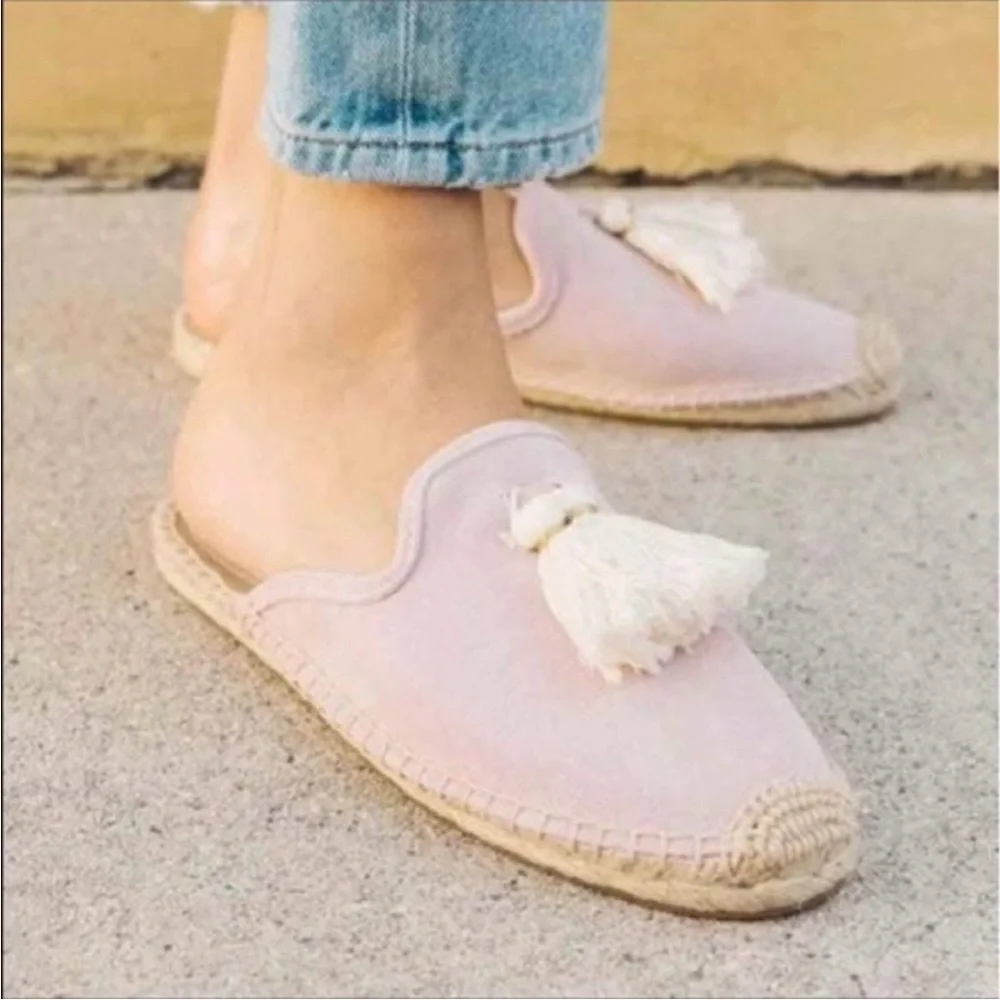 Soludos Peony Pink Suede Tassel Espadrille Mule Slip-On Flats Sandals 7